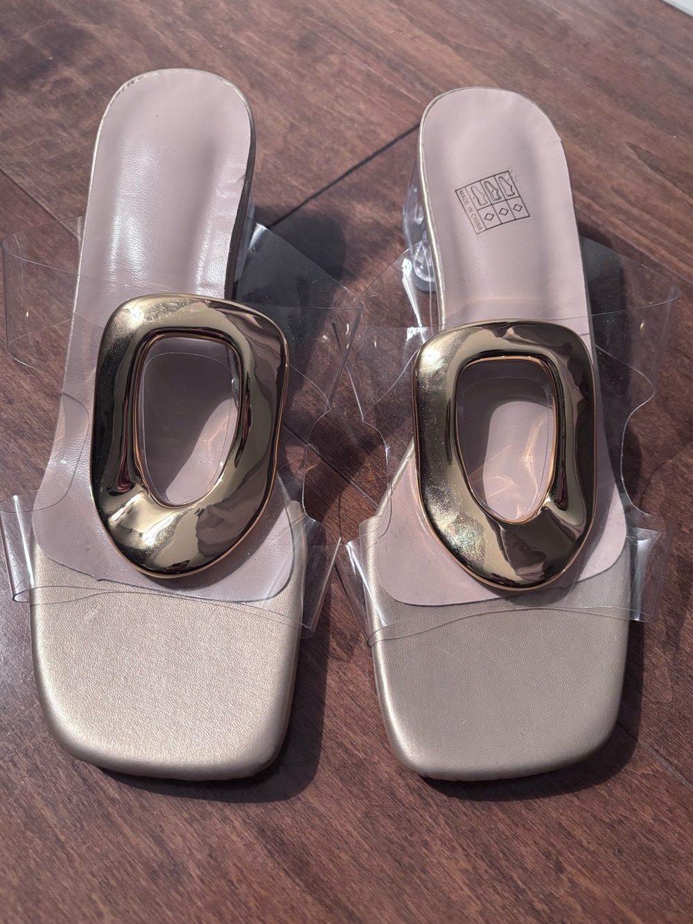 Women's Clear Strap Slide Sandals with Gold Accent and Clear block heel
